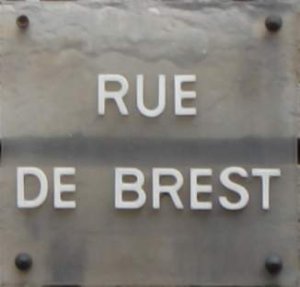 Street name sign for Rue de Brest in Lyon, France