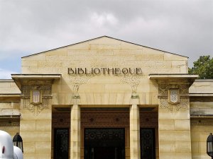 entrance of the carnegie library with architectural details in reims france