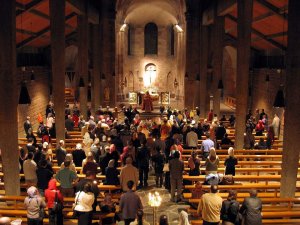 Interior of Saint Stephen’s Church in Strasbourg during a Russian Orthodox Easter service with choir