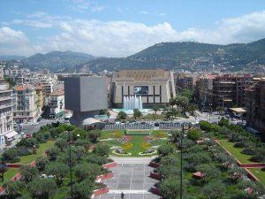 Panoramic view of Nice city and Palais des Congrès Acropolis from the rooftop of the Contemporary Arts Museum