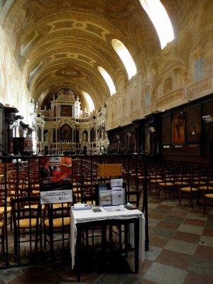 Interior of Saint-Bruno Church in Bordeaux showing architectural details and seating