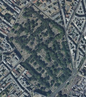 Aerial orthophotograph showing Montmartre Cemetery in Paris with detailed layout of graves and pathways