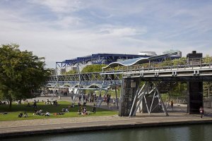 Wide view of Parc de la Villette urban park in Paris featuring green spaces and modern architectural elements