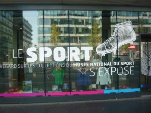 Front window display of the National Sport Museum at 93 Avenue de France Paris