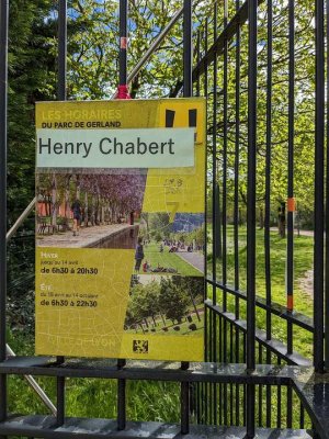 Park name sign at the north entrance of Parc Henry Chabert in Lyon