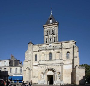 Front façade of Basilica of Saint Severinus in Bordeaux with historic stone architecture
