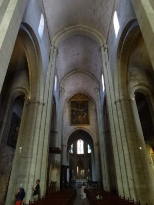 Nave interior of the Church of Saint Trophime in Arles showing the vaulted ceiling and architectural details