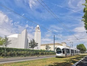 Tram T6 passing in front of the Grande Mosquée de Lyon between Avenue Rockefeller and Rue Laënnec