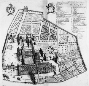 17th century engraved plan of the Royal Abbey of Saint Audoin in Rouen from Monasticon Gallicanum