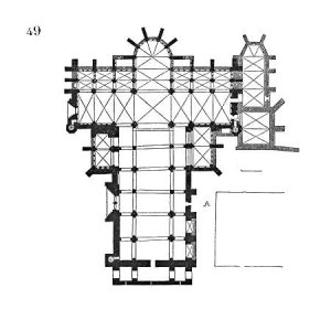 Architectural design plan of the Basilica of St. Nazaire and St. Celse in Carcassonne showing Gothic and Romanesque features