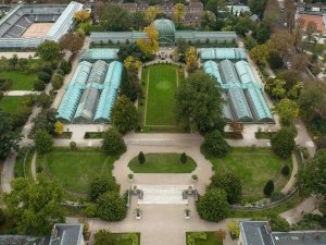 Exterior view of glass greenhouses in Jardin des Serres d'Auteuil in Paris