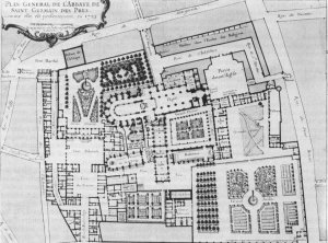 Architectural plan design of Royal Abbey of Saint-Germain-des-Prés from 1723