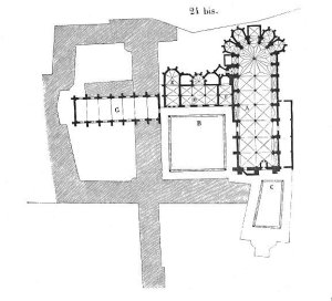 Architectural floor plan of the Jacobins Monastery in Toulouse oriented with east on top