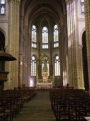 Interior view of the Basilica Notre-Dame de Bonne Nouvelle in Rennes showing detailed architectural features