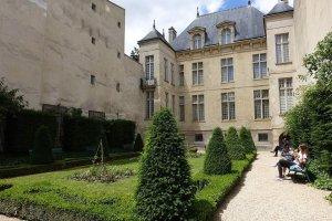 View of Jardin Lazare-Rachline garden area in Le Marais district, Paris