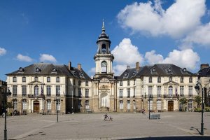Classical facade of Rennes City Hall in France with ornate architectural details