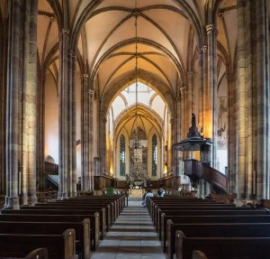 Interior view of the main nave of Saint Thomas Church in Strasbourg