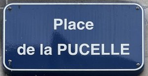 metal plaque showing the name Place de la Pucelle-d'Orléans in Rouen