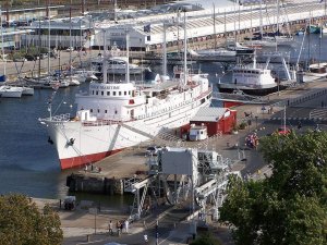 aerial view of historic ships docked at La Rochelle Maritime Museum including the France I meteorological frigate
