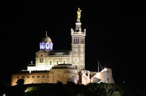 Notre-Dame de la Garde basilica illuminated at night in Marseille
