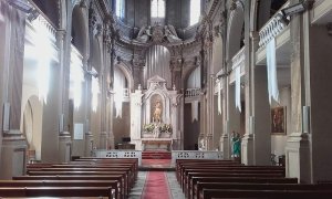 Interior view of Église de la Mission de France showing architectural details and seating
