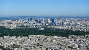 View of La Défense business district and Bois de Boulogne park from the Eiffel Tower
