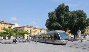 Tram passing through Place Garibaldi square in Nice, France
