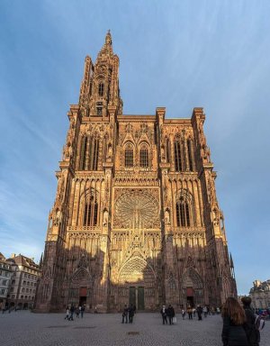 Rayonnant Gothic west front of Strasbourg Cathedral with elaborate sculptures and tracery