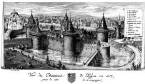 Engraving of Château de Dijon from 1512 showing the medieval castle and surrounding structures
