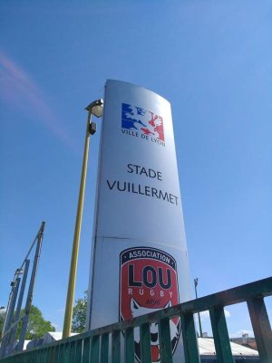 Place name sign for Stade Vuillermet on avenue Paul Santy in Lyon's 8th arrondissement