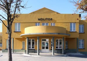 Art Deco style main entrance of Piscine Molitor in Auteuil Paris