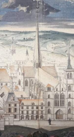 Engraving detail of Sainte-Chapelle within the Palace of the Dukes of Burgundy from 1688