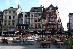 View of Place du Vieux-Marché square with traditional buildings in Rouen, France