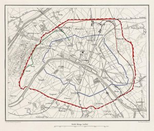 Color-coded map showing Paris Wall of the Farmers-General tax limits in blue, Thiers fortifications in red, and Petite Ceinture railway routes in green and orange