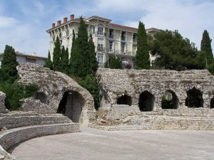 Ruins of the ancient Roman arena in the Cimiez neighborhood of Nice, France