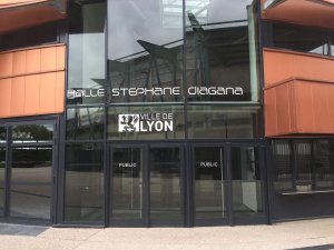 entrance of the Halle Stéphane-Diagana athletics hall in La Duchère