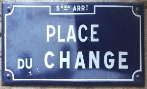 metal plaque showing Place du Change street name in Lyon 5th arrondissement