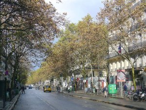 Street view of Boulevard de Sébastopol in Paris with urban buildings