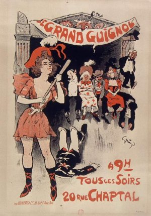 Poster advertising Grand Guignol theater performances every evening at 9pm at 20 rue Chaptal