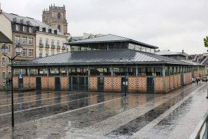Halles Martenot market building in Rennes on a rainy day