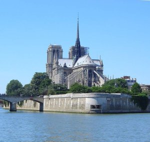 East view of Notre-Dame Cathedral on Île de la Cité in Paris