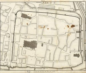 Map illustrating walls and towers of the Roman city Argentoratum with modern street outlines and cathedral location