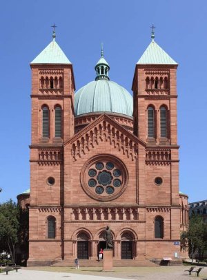 Exterior view of Saint-Pierre-le-Jeune Catholic Church in Strasbourg