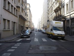 Street view of Rue de Créqui just north of Cours Lafayette with urban buildings and trees