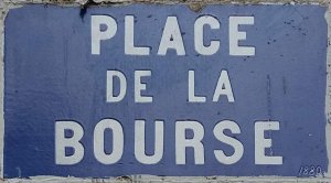 Street plaque displaying Place de la Bourse in Lyon, France