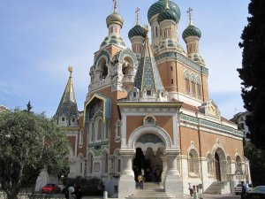 Exterior view of Saint Nicholas Russian Orthodox Cathedral in Nice with imperial Russian architectural style