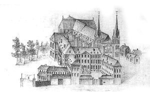 Illustration of the Royal Abbey of Saint-Remi in Reims showing detailed architectural features