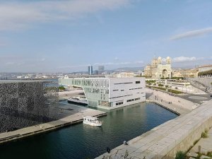 View of Marseille skyline including Villa Méditerranée from Fort Saint-Jean