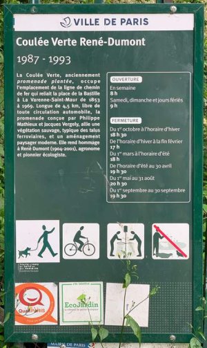 Place name sign for Coulée verte René-Dumont in Paris