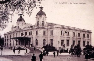 Exterior view of the Municipal Casino of Cannes in 1918 showing historic architecture